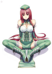 Rule 34 | 1girl, bare shoulders, beret, boots, braid, butterfly sitting, cleavage cutout, clothing cutout, corset, cross-laced footwear, detached sleeves, female focus, green footwear, hat, hong meiling, lace-up boots, long hair, raybar, red eyes, red hair, sitting, solo, thighhighs, touhou, twin braids