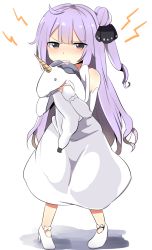 Rule 34 | ahoge, azur lane, bare shoulders, bridal gauntlets, detached sleeves, dress, full body, highres, knees together feet apart, looking at viewer, one side up, pout, purple hair, shoes, simple background, standing, stuffed winged unicorn, tonari (ichinichime azuma), unicorn (azur lane), white background, white dress, yellow eyes