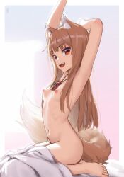 Rule 34 | 1girl, animal ears, armpits, arms up, barefoot, blush, breasts, brown hair, completely nude, fang, female focus, highres, holo, jewelry, kawakami rokkaku, long hair, looking at viewer, necklace, nipples, nude, open mouth, pouch, red eyes, sitting, small breasts, smile, solo, spice and wolf, stretching, tail, wariza, wolf ears, wolf girl, wolf tail