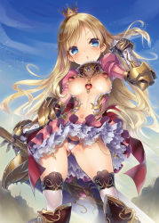 Rule 34 | 1girl, armor, blonde hair, blue eyes, blush, breastless clothes, breasts, center opening, chestnut mouth, cleft of venus, clothes lift, contrapposto, cross, crown, floating hair, gauntlets, gorget, greaves, heart, huge weapon, juliet sleeves, knight, layered skirt, long hair, long sleeves, looking at viewer, mini crown, moepedia, moepedia chuusei shokugyou hen, navel, original, panties, pantyshot, puffy sleeves, skirt, skirt lift, small breasts, solo, sorimura youji, standing, sword, thighhighs, underboob, underwear, weapon, wedgie, white panties, white thighhighs