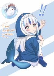 Rule 34 | !, !!, 1girl, ^^^, animal hood, bloop (gawr gura), blue background, blue eyes, blue hoodie, blue nails, blunt bangs, blush, commentary, english commentary, english text, fins, fish tail, gawr gura, gawr gura (1st costume), highres, hololive, hololive english, hood, hoodie, long hair, looking at viewer, looking back, mixed-language commentary, nail polish, open mouth, shark hood, shark tail, simple background, sparkling eyes, tail, two-tone background, virtual youtuber, weizen, white background, white hair