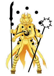 Rule 34 | 1boy, blonde hair, capelet, colored skin, extra arms, fang, fingernails, forehead protector, full body, holding, holding spear, holding staff, holding weapon, konohagakure symbol, long fingernails, looking at viewer, male focus, multiple hands, multiple heads, naruto, naruto (series), naruto shippuuden, ninja, no pupils, open mouth, papillonstudio, polearm, ponytail, solo, spear, staff, standing, sword, uzumaki naruto, weapon, white background, white eyes, yellow skin