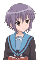Rule 34 | 1girl, blue sailor collar, book, brown cardigan, cardigan, collarbone, commentary request, decocharaseal, holding, holding book, kita high school uniform, long sleeves, looking to the side, nagato yuki, open cardigan, open clothes, parted lips, purple hair, red ribbon, ribbon, sailor collar, school uniform, serafuku, short hair, simple background, solo, suzumiya haruhi no yuuutsu, upper body, white background, winter uniform