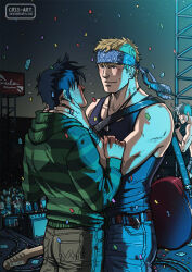 Rule 34 | 2boys, alternate universe, bara, black hair, black tank top, blonde hair, blue headband, confetti, couple, cris art, crowd, denim, electric guitar, eye contact, feet out of frame, flying sweatdrops, guitar, hands on another&#039;s neck, headband, hood, hood down, hulkling, instrument, jeans, light blush, looking at another, male focus, marvel, multiple boys, pants, pectorals, short hair, sideburns, smile, stage lights, standing, tank top, thick eyebrows, toned, toned male, wiccan, yaoi