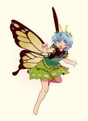 Rule 34 | 1girl, antennae, aqua hair, bad anatomy, bad id, bad perspective, bad pixiv id, banned artist, barefoot, butterfly wings, dress, eternity larva, fairy, frown, full body, green dress, hair between eyes, highres, insect wings, leaf, leaf on head, multicolored clothes, multicolored dress, open mouth, orange eyes, short hair, short sleeves, simple background, solo, third-party source, touhou, twiggytom, wings, yellow background