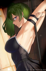 Rule 34 | 1girl, arm strap, armpits, arms up, backless dress, backless outfit, bare shoulders, belt, black belt, black dress, blush, breasts, chocojax, dress, green hair, hair between eyes, highres, long hair, looking at viewer, pleated dress, purple eyes, side ponytail, skirt, smile, solo, sousou no frieren, stretching, ubel (sousou no frieren)