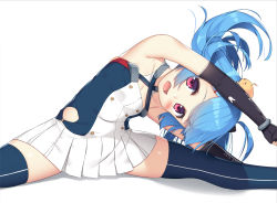 Rule 34 | 1girl, :d, aged down, ahoge, armpits, azur lane, bare shoulders, bird, blue hair, blush, chick, dress, elbow gloves, fingerless gloves, flat chest, flexible, gloves, hair ornament, hairclip, helena (azur lane), highres, lena (azur lane), long hair, looking at viewer, olive (laai), open mouth, pink eyes, pleated dress, simple background, sleeveless, sleeveless dress, smile, solo, split, spread legs, stretching, thighhighs, twintails