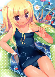 Rule 34 | 1girl, :3, :p, absurdres, bare shoulders, blonde hair, blush, buoyant hair, cameltoe, flower, from above, highres, innertube, long hair, looking at viewer, lying, one-piece swimsuit, original, partially submerged, purple eyes, sazaki ichiri, scan, school swimsuit, solo, strap pull, swim ring, swimsuit, tan, tanline, thigh gap, tongue, tongue out, two side up, water, wet, wristband