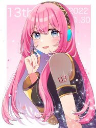 Rule 34 | 1girl, absurdres, aqua eyes, black vest, blunt bangs, blush, breasts, commentary, confetti, dated, from side, hand up, headphones, headset, highres, large breasts, long hair, looking at viewer, mamec0s, megurine luka, microphone, nail polish, number tattoo, open mouth, pink hair, pink nails, shoulder tattoo, sidelocks, solo, tattoo, upper body, vest, vocaloid