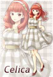 Rule 34 | 1girl, alternate costume, breasts, celica (fire emblem), character name, checkered background, checkered clothes, checkered dress, contemporary, dress, fire emblem, fire emblem echoes: shadows of valentia, frills, full body, hairband, hand on own chest, high heels, highres, long hair, looking at viewer, medium breasts, nintendo, red eyes, red hair, smile, solo, standing, yuino (fancy party), zoom layer