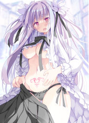 Rule 34 | 1girl, asymmetrical bangs, black panties, blurry, blurry background, blush, breasts, brown eyes, cleavage, cowboy shot, dress, flower, frills, gluteal fold, gown, groin, hair flower, hair ornament, hair ribbon, holding, holding clothes, hoshino koucha, large breasts, long hair, long sleeves, looking at viewer, navel, no bra, open clothes, open mouth, original, panties, pubic tattoo, purple hair, ribbon, side-tie panties, sidelocks, skirt, unworn skirt, solo, stomach, stomach tattoo, tattoo, thigh gap, thighs, underboob, underwear