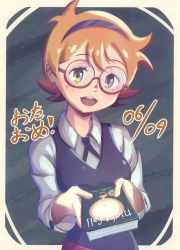 Rule 34 | 1girl, blonde hair, blue eyes, book, glasses, highres, holding, holding book, japanese text, little witch academia, looking at viewer, lotte jansson, madabau, school uniform, short hair, tagme, yellow eyes