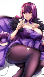 Rule 34 | 1girl, bare shoulders, blush, breasts, cleavage, dress, fate/grand order, fate (series), food, fur-trimmed dress, fur trim, hair between eyes, highres, large breasts, long hair, looking at viewer, pantyhose, popsicle, purple dress, purple hair, red eyes, scathach (fate), scathach skadi (fate), shimeno puni, simple background, smile, thighs, tiara, tongue, tongue out, white background
