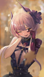 Rule 34 | 1girl, absurdres, belt collar, black dress, blurry, blurry background, blush, breasts, brown choker, choker, collar, dress, flower, girls&#039; frontline, hair flower, hair ornament, hand on own cheek, hand on own face, highres, long hair, looking at viewer, m4 sopmod ii (devourer of the feast) (girls&#039; frontline), m4 sopmod ii (girls&#039; frontline), mechanical arms, mechanical ears, medium breasts, multicolored hair, official alternate costume, one eye closed, open mouth, pink hair, red eyes, single mechanical arm, smile, solo, south cn, streaked hair, tears, upper body