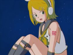 Rule 34 | 1970s (style), 1girl, anime coloring, aqua eyes, arm warmers, bad id, bad pixiv id, bare shoulders, belt, blonde hair, collar, commentary, grey collar, grey legwear, grey sleeves, hair ornament, hairclip, headphones, kagamine rin, kagamine rin (vocaloid4), knees up, leg warmers, looking at viewer, neckerchief, night, night sky, old school, oldschool, open mouth, retro artstyle, school uniform, shio kaze (user emuf8325), shirt, shoulder tattoo, sitting, sky, sleeveless, sleeveless shirt, solo, star (sky), starry sky, tattoo, treble clef, v4x, vocaloid, white shirt, yellow neckerchief