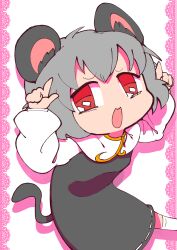 Rule 34 | 1girl, animal ears, colored shadow, commentary request, cookie (touhou), dress, drop shadow, feet out of frame, flat chest, grey dress, grey hair, highres, lace background, long sleeves, looking at viewer, medium bangs, mouse ears, mouse girl, mouse tail, nazrin, nyon (cookie), open mouth, parupunte (nicoseiga51964270), pointing, pointing up, red eyes, shadow, shirt, short hair, sleeveless, sleeveless dress, smile, socks, solo, tail, touhou, white background, white shirt, white socks