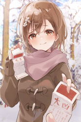 Rule 34 | 1girl, 1other, absurdres, blurry, blurry background, blush, brown coat, brown eyes, brown hair, closed mouth, coat, commentary request, day, depth of field, flower, hair between eyes, hair flower, hair ornament, highres, himaneko., holding, medium hair, misaka mikoto, omikuji, outdoors, pink scarf, scarf, smile, solo focus, toaru kagaku no railgun, toaru majutsu no index, toaru majutsu no index: new testament, upper body, white flower, winter clothes