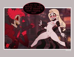 Rule 34 | 1boy, 1girl, alastor (hazbin hotel), artist name, ass, bad id, bad twitter id, black lips, blonde hair, blurry, blush, blush stickers, border, breasts, breasts apart, charlie morningstar, clothed male nude female, colored skin, demon, demon girl, depth of field, english text, eye contact, formal, hazbin hotel, heart, highres, long hair, looking at another, low-tied long hair, makeup, mommag, navel, nipples, nude, object insertion, pale skin, pussy, red eyes, red hair, restrained, sharp teeth, small breasts, speech bubble, suit, tagme, teeth, tentacle sex, tentacles, uncensored, vaginal, vaginal object insertion, white border, yellow teeth
