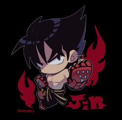 Rule 34 | 1boy, black background, black eyes, black hair, character name, chibi, clenched hands, closed mouth, kazama jin, kotorai, male focus, navel, no nose, signature, simple background, solo, studded gloves, tekken, topless male