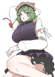 Rule 34 | 1girl, arm behind head, black skirt, breasts, commentary, frilled hat, frills, green eyes, green hair, hat, highres, large breasts, long sleeves, looking at viewer, marinne, ribbon-trimmed skirt, ribbon trim, shiki eiki, short hair, simple background, skirt, solo, touhou, white background