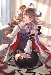Rule 34 | 1girl, absurdres, ahoge, animal ears, arknights, bed, black skirt, black thighhighs, blush, breasts, brown hair, collared jacket, curtains, dress, eyjafjalla (arknights), eyjafjalla the hvit aska (arknights), fingernails, hair between eyes, hair ornament, hand up, highres, horns, indoors, jacket, leaf, leaf hair ornament, long fingernails, long hair, long sleeves, looking to the side, medium breasts, miniskirt, official alternate costume, on bed, one eye closed, open clothes, open jacket, open mouth, pink eyes, puffy long sleeves, puffy sleeves, purple dress, qingtiana, red jacket, shadow, sheep ears, sheep girl, sheep horns, shoes, sitting, skirt, solo, sunlight, tearing up, thighhighs, thighs, tongue, torn clothes, torn thighhighs, two-sided fabric, two-sided jacket, two-tone dress, wall, white footwear, white jacket, window