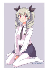 Rule 34 | 1girl, anchovy (girls und panzer), anzio school uniform, arms between legs, between legs, black necktie, black ribbon, black skirt, blush, closed mouth, commentary, dress shirt, drill hair, emblem, full body, girls und panzer, green hair, grey background, hair ribbon, hand between legs, katakori sugita, long hair, long sleeves, looking at viewer, miniskirt, necktie, no shoes, pantyhose, pleated skirt, red eyes, ribbon, school uniform, shirt, simple background, sitting, skirt, smile, solo, twin drills, twintails, wariza, white pantyhose, white shirt