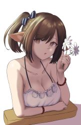 Rule 34 | :o, absurdres, alternate costume, arknights, breasts, brown eyes, brown hair, cleavage, collarbone, commentary, dress, flower, highres, holding, holding flower, large breasts, long hair, looking at viewer, open mouth, perfumer (arknights), ponytail, sidelocks, simple background, solo, thumbs up, tofu (killer150), upper body, white background, white dress, white flower, wristband