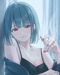 Rule 34 | 1girl, absurdres, against wall, backlighting, bare shoulders, blue hair, blunt bangs, bob cut, breasts, camisole, cigarette, cleavage, closed mouth, collarbone, commentary request, earrings, ene mizunoawa, highres, holding, holding cigarette, jewelry, lipstick, long sleeves, looking at viewer, makeup, medium breasts, multiple rings, off shoulder, open clothes, original, red eyes, ring, short hair, smile, smoke, solo, upper body
