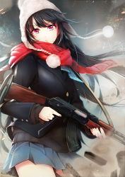 Rule 34 | 1girl, ak-47, assault rifle, bad id, bad pixiv id, bobblehat, earflap hat, gun, hat, highres, holding, holding gun, holding weapon, icedango (dpopic3), jacket, kalashnikov rifle, knit hat, long hair, long sleeves, looking at viewer, pleated skirt, pom pom (clothes), red eyes, red scarf, rifle, scarf, skirt, snowing, solo, weapon, wind