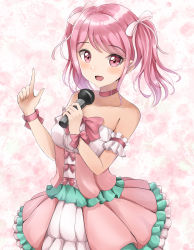 Rule 34 | 1girl, :d, bang dream!, bare shoulders, blouse, blush, bow, breasts, choker, collarbone, commentary request, dress, female focus, fingernails, frilled dress, frills, hair ribbon, hands up, highres, holding, holding microphone, index finger raised, maruyama aya, microphone, neck, open mouth, pink bow, pink choker, pink dress, pink eyes, pink hair, ribbon, shirt, short hair, sidelocks, sin (sin52y), small breasts, smile, solo, strapless, strapless dress, twintails, white ribbon, white shirt