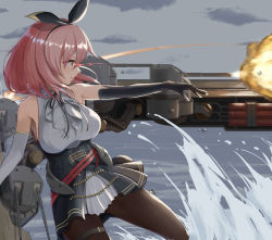 Rule 34 | 1girl, a (yyyaa), armpit crease, armpits, azur lane, black gloves, black pantyhose, black prince (azur lane), black ribbon, breasts, cannon, center frills, commentary, corset, elbow gloves, firing, frills, from side, gloves, glowing, glowing eyes, hairband, highres, medium breasts, medium hair, neck ribbon, ocean, pantyhose, pink hair, pleated skirt, red eyes, ribbon, rigging, skirt, sleeveless, solo, spray, thigh strap, walking, walking on liquid, water, white gloves