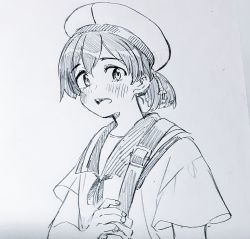 Rule 34 | 1girl, commentary request, dress, hat, hiburi (kancolle), kantai collection, lineart, looking at viewer, low ponytail, monochrome, sagamiso, sailor collar, sailor dress, sailor hat, short hair, short sleeves, solo, strap, upper body