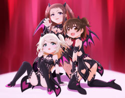 Rule 34 | 3girls, ahoge, akagi miria, alternate hairstyle, arm support, armband, ass, bare shoulders, bikini, black armband, black bikini, black collar, black hairband, black sleeves, black thighhighs, blonde hair, blush, bow, brown eyes, brown hair, claw pose, collar, demon horns, demon wings, detached collar, detached sleeves, dot nose, e sen a1000, fake horns, fake wings, fang, flat chest, from behind, full body, green eyes, hair bow, hairband, hand on own leg, hand up, highres, horns, idolmaster, idolmaster cinderella girls, idolmaster cinderella girls starlight stage, idolmaster starlit season, kneeling, knees up, koseki reina, long hair, looking at viewer, looking back, midriff, multiple girls, open mouth, purple eyes, red background, short hair, sitting, smile, spread legs, swimsuit, tail, thighhighs, twintails, two side up, v-shaped eyebrows, wings, yusa kozue