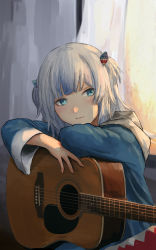 Rule 34 | 1girl, acoustic guitar, blue eyes, blue hoodie, chair, closed eyes, day, gawr gura, gawr gura (1st costume), guitar, hair ornament, highres, holding, holding instrument, hololive, hololive english, hood, hood down, hoodie, indoors, instrument, leaning on object, lips, looking to the side, medium hair, morning, multicolored hair, ostin0127, shark hair ornament, sidelighting, sitting, solo, streaked hair, two side up, virtual youtuber, white hair, window