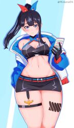 Rule 34 | 1girl, absurdres, bare shoulders, black gloves, black hair, black skirt, blue eyes, blue jacket, breasts, cleavage, closed mouth, commentary, eclyart, gloves, gridman universe, hair ribbon, highres, holding, holding phone, jacket, leg tattoo, light blue background, light blush, long hair, long sleeves, looking at viewer, medium breasts, microskirt, navel, off shoulder, official alternate costume, official alternate hairstyle, open clothes, open jacket, phone, ponytail, ribbon, simple background, skirt, solo, ssss.gridman, takarada rikka, takarada rikka (solarain toys), tattoo, thigh strap, thighs, twitter username, two-tone background, white background, wide hips