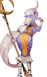 Rule 34 | 1girl, ass, bent over, blue skin, blush, breasts, colored skin, dress, gwayo, horns, jewelry, league of legends, long hair, looking back, naked tabard, pointy ears, purple skin, sideboob, single horn, solo, soraka (league of legends), staff, standing, tabard, tattoo, very long hair, white background, white hair, yellow dress, yellow eyes