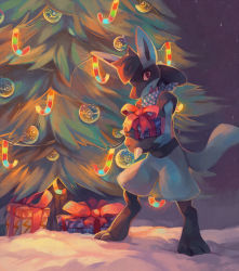 Rule 34 | box, christmas, christmas ornaments, christmas tree, commentary, commission, creature, creatures (company), english commentary, full body, furry, game freak, gen 4 pokemon, gift, holding, holding box, holding gift, looking at viewer, lucario, nintendo, pokemon, pokemon (creature), salanchu, solo, standing