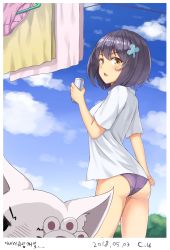 Rule 34 | 1girl, ass, bad id, bad pixiv id, black hair, blue sky, brown eyes, can, clothes hanger, cloud, cloudy sky, commentary, commentary request, crotch seam, dated, day, drink can, english commentary, from behind, highres, holding, kemo (pokka), korean war, laundry, looking at viewer, looking back, no pants, open mouth, original, outdoors, outline, panties, pink panties, purple panties, shirt, short hair, short sleeves, signature, sky, soda can, solo, standing, thighs, underwear, white outline, white shirt