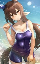 Rule 34 | 1girl, absurdres, admire vega (umamusume), animal ears, blue one-piece swimsuit, blue school swimsuit, breasts, brown hair, collarbone, colored eyelashes, hand on own thigh, head tilt, highres, horse girl, long hair, looking at viewer, nontraditional school swimsuit, ocean, one-piece swimsuit, ribbon, school swimsuit, solo, split mouth, swimsuit, tail, thighs, tracen swimsuit, umamusume, very long hair, wet, wet clothes, wet hair, wet swimsuit, white ribbon, yami anko