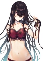 Rule 34 | 1girl, bare arms, bare shoulders, blue hair, bra, breasts, brown hair, closed mouth, collarbone, commentary request, fingernails, gradient hair, hair over one eye, hakuishi aoi, hand up, holding, holding hair, lace, lace-trimmed bra, lace-trimmed panties, lace trim, long hair, looking at viewer, medium breasts, multicolored hair, original, panties, red bra, red eyes, red panties, simple background, solo, underwear, underwear only, very long hair, white background