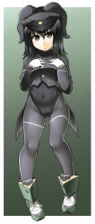 Rule 34 | 1girl, adapted costume, akitsu maru (kancolle), alto-00, animal ears, black eyes, black hair, black hat, black leotard, commentary request, covered navel, fake animal ears, full body, gluteal fold, gradient background, grey background, grey pantyhose, hat, highres, kantai collection, leotard, looking at viewer, military, military hat, military uniform, pale skin, pantyhose, peaked cap, playboy bunny, rabbit ears, rabbit girl, short hair, solo, uniform