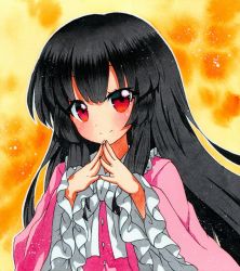 Rule 34 | 1girl, bad id, bad pixiv id, black hair, bow, bowtie, buttons, closed mouth, frilled shirt collar, frilled sleeves, frills, houraisan kaguya, long hair, long sleeves, looking at viewer, orange background, pink shirt, qqqrinkappp, red eyes, shikishi, shirt, solo, steepled fingers, touhou, traditional media, upper body, white bow, white bowtie, wide sleeves