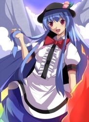 Rule 34 | 1girl, bad id, bad pixiv id, blue hair, blush, bow, bowtie, cloud, daiaru, female focus, food, fruit, hat, hinanawi tenshi, long hair, mountain, open mouth, peach, red eyes, smile, solo, sword, sword of hisou, touhou, weapon