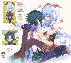 Rule 34 | 1boy, 2girls, bell, black legwear, blue hair, breasts, breasts out, clothed sex, coconut, cowbell, drink, drinking straw, english text, eruf20, eye contact, ganyu (genshin impact), genshin impact, green hair, half-closed eyes, hat, heart, highres, horns, jiangshi, lactation, long hair, looking at another, mask, multiple girls, nipples, pants, purple eyes, purple hair, qiqi (genshin impact), sex, sitting, sitting on lap, sitting on person, spread legs, tattoo, thought bubble, tongue, tongue out, xiao (genshin impact), yellow eyes