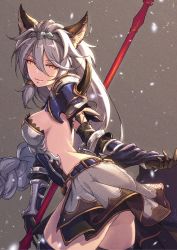 Rule 34 | 10s, 1girl, absurdres, animal ears, backless outfit, bare back, erune, gloves, granblue fantasy, heles, highres, polearm, sho (gohan), silver hair, skirt, solo, spear, thighhighs, weapon, yellow eyes