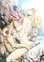 Rule 34 | 1boy, 1girl, blonde hair, breast sucking, breasts, fairy tail, hetero, highres, long hair, lucy heartfilia, nail polish, natsu dragneel, pink hair, red nails, short hair, swimsuit, tattoo, undressing