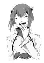 Rule 34 | 1girl, absurdres, closed eyes, flat chest, greyscale, hand to own mouth, headgear, highres, jewelry, kantai collection, monochrome, open mouth, ring, roru (lol dessin), smile, solo, suke (singekijyosei), taihou (kancolle), upper body, wedding band