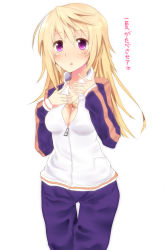 Rule 34 | 10s, 1girl, blonde hair, blush, breasts, charlotte dunois, cleavage, highres, infinite stratos, jacket, jewelry, long hair, necklace, purple eyes, solo, track jacket, track suit, very long hair, xe-cox, zipper