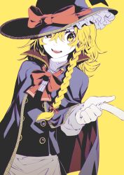 Rule 34 | 1girl, apron, black cape, black hat, black skirt, black vest, blonde hair, bow, braid, cape, commentary request, hair between eyes, hair bow, hat, hat bow, highres, kamabokopic, kirisame marisa, long hair, long sleeves, looking at viewer, open mouth, pointing, red bow, red cape, shirt, simple background, single braid, skirt, smile, solo, touhou, turtleneck, two-sided cape, two-sided fabric, upper body, vest, waist apron, white shirt, witch hat, yellow background, yellow eyes