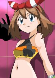 Rule 34 | 1girl, against wall, bare shoulders, blue eyes, blush, bracelet, brown hair, creatures (company), female focus, game freak, hainchu, hair between eyes, halterneck, jewelry, kabedon, looking at viewer, may (pokemon), may (pokemon oras), midriff, navel, neck, nervous, nintendo, open mouth, pokemon, pokemon oras, scared, shadow, short hair, shy, solo focus, sweat